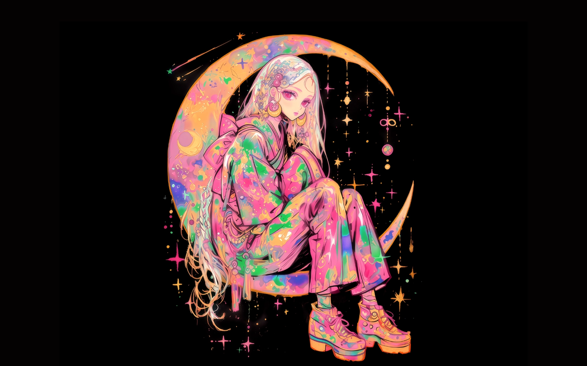 アニメ特化ブログ『月のアトリエ』について、運営者情報と取り組みをご案内。色鮮やかな着物姿の少女が幻想的な月に座るイラスト。